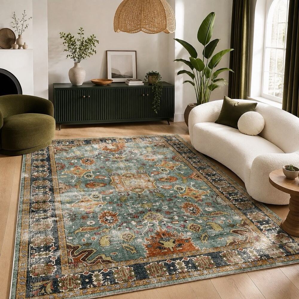 NEW Anthropologie Blue Moroccan Floral Boho Washable Area Rug Carpet - 5' x 7'
